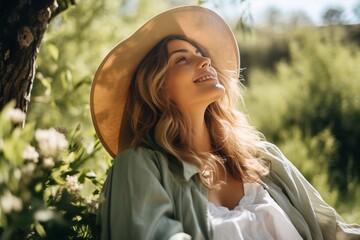 Serene attractive woman is spending weekend in nature and having rest in open air on sunny day - obrazy, fototapety, plakaty