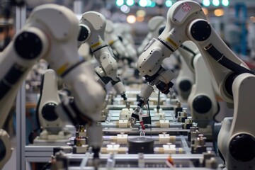 Fototapeta premium Engineering robotic arms on conveyor belt in factory for auto part production