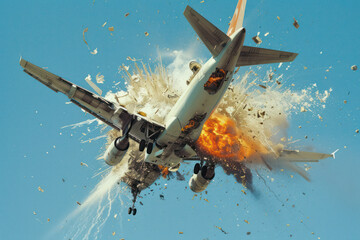 Dramatic Airplane Explosion in Sky with Debris and Fire Eruption Captured in Clear Blue Atmosphere. Concept of fight against terrorism or anti-terrorism.