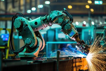 An electric blue robotic arm is welding a metal piece in a factory