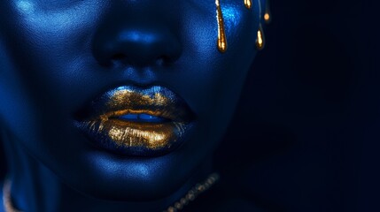 Close-Up of a Person With Blue Painted Skin and Gold Lipstick