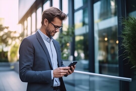 Slim, athletic young man businessman using facial recognition technology with a mobile phone