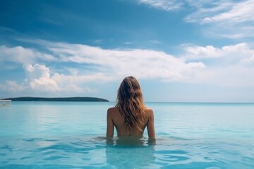 Vacation at beach resort, back side woman enjoying seascape from infinity pool, luxury summer vacation, travel and tourism concept