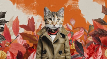Fototapeta premium Fashionable Tabby Cat Dressed in a Stylish Trench Coat Against Autumn Leaf Backdrop
