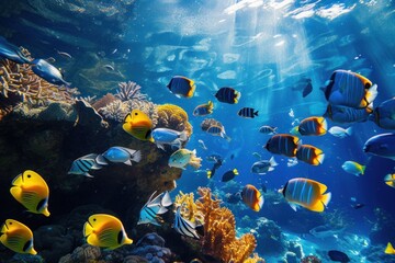 Fototapeta na wymiar Fish swimming near a coral reef in the oceans natural underwater environment