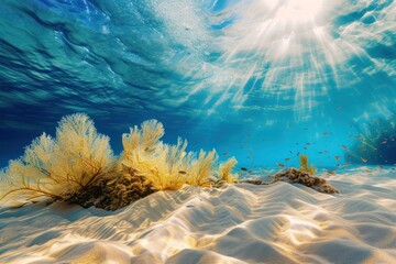 a underwater view of a coral reef with the sun shining through the water