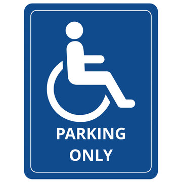  Icono de Solo Parking sillas de ruedas, se&ntilde;al de estacionamiento para discapacitados o accesibilidad de color azul sobre fondo blanco aislado. Vista de frente y de cerca. Copy space