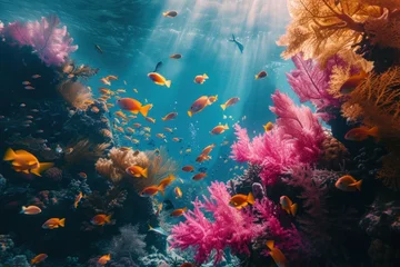Poster a group of fish are swimming in a coral reef © Anna