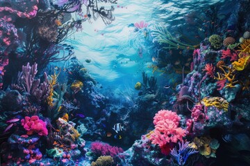 Fototapeta na wymiar Underwater painting of a vibrant magenta stony coral reef in the ocean