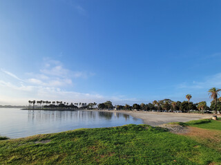 Ventura Cove Beach and Park at Mission Bay, San Diego, CA; copy space