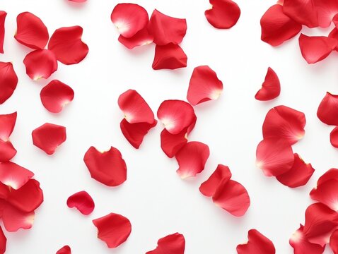 Red rose petals over white background