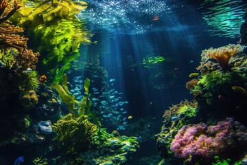 Sunlight shining through water illuminates coral reef
