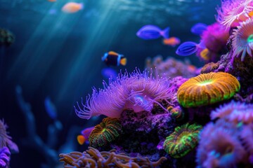 a coral reef with lots of colorful fish and sea anemones