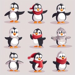 Obraz premium Set of penguins in various poses with hats and scarves