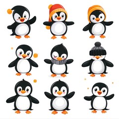 Naklejka premium Penguins in assorted hats and scarves display cute facial expressions