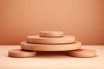 Round wooden stand for presentations and exhibitions on beige background. Generative AI