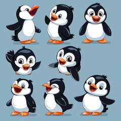 A group of penguins, each in various poses, on a blue background