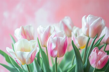 Naklejka premium A bunch of pink and white tulips on a pink background
