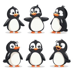 a set of penguins in different poses on a white background