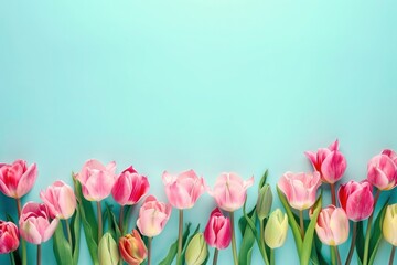 Pink and yellow tulips creating a colorful row on a serene blue background