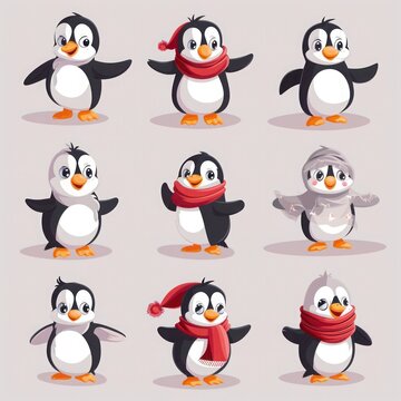 Set of penguins in various poses with hats and scarves