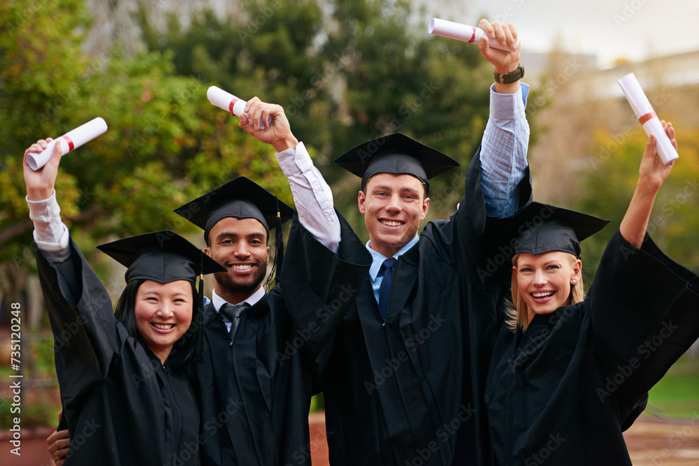 Poster Portrait, graduation and success with student friends outdoor on campus for university event. Certificate, motivation and achievement with young men and women graduate at college for education