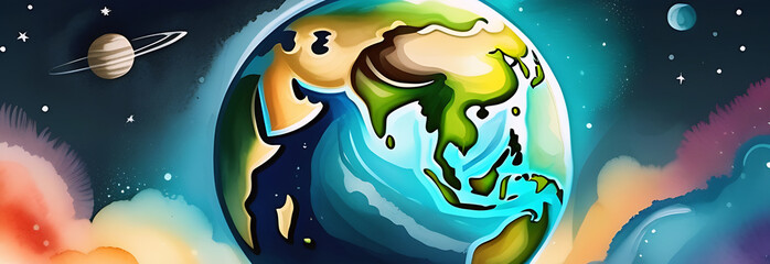 Earth, planet, solar system, space, space travel, planets, illustrative style, banner 