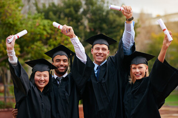 Portrait, graduation and success with student friends outdoor on campus for university event....