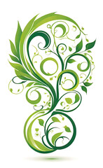 vector wallpaper design of green vines and spiral flames isolated on white background, abstract floral ornament for design,