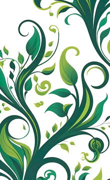 vector wallpaper design of green vines and spiral flames isolated on white background, abstract floral ornament for design,