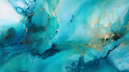 turquoise and golden abstract background, alcohol ink technique.