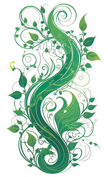 vector wallpaper design of green vines and spiral flames isolated on white background, abstract floral ornament for design,