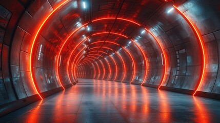 A dimly lit subway tunnel, adorned with amber lights, guides commuters through the intricate infrastructure of the city, evoking a sense of mystery and anticipation on a late night journey - obrazy, fototapety, plakaty