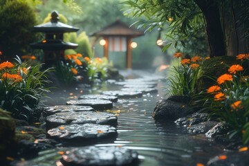 A serene stone path winds through a lush garden of trees and flowers, following the gentle flow of rainwater in a peaceful outdoor oasis - obrazy, fototapety, plakaty