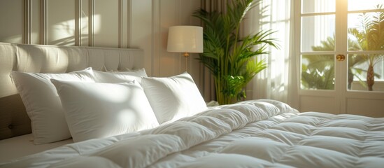 white pillows and bed sheets in beauty room - obrazy, fototapety, plakaty
