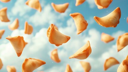 Numerous Fortune Cookies Floating Against a Clear Blue Sky in Daylight