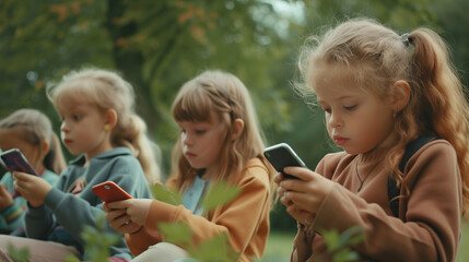 Group of children is captured in nature, but instead of enjoying the surroundings, they are glued to their smartphones, engrossed in digital media - obrazy, fototapety, plakaty