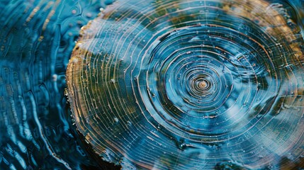 Blue Tree Rings with Abstract Wave Texture. Close-up of blue-tinted tree rings with a natural, wave-like pattern and texture, emphasizing organic beauty and age.

