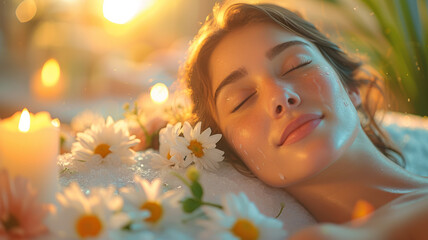 Relaxing woman among flowers.