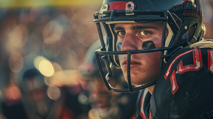 Portrait of a male football player in a helmet.