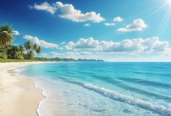 Fototapeta na wymiar Calm tropical sea and sandy beach with blue sky background. Beautiful seascape, coastal, ocean poster