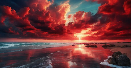 red clouds and sea beach at sunset landscape. Beautuiful fantastic seascape. Banner