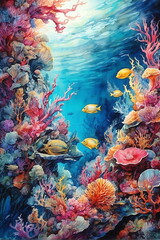 Fototapeta na wymiar Marine life in watercolor illustration. Underwater world. Coral reef with fish.Poster