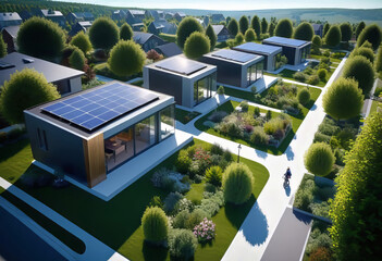 futuristic village with streets, paths and newly built private houses, gardens with shrubs and...