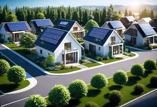 futuristic village with streets, paths and newly built private houses, gardens with shrubs and young trees, solar panels on the roofs, eco-friendly housing,