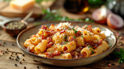 A dish of maccheroni pasta with tomato sauce, bacon and grated cheese.