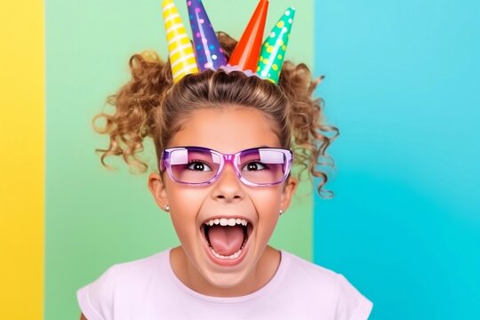 Cute girl celebrating birthday, wearing party paper glasses, blowing party horns, laughing and having fun. Bright rainbow coloured background. Happy event