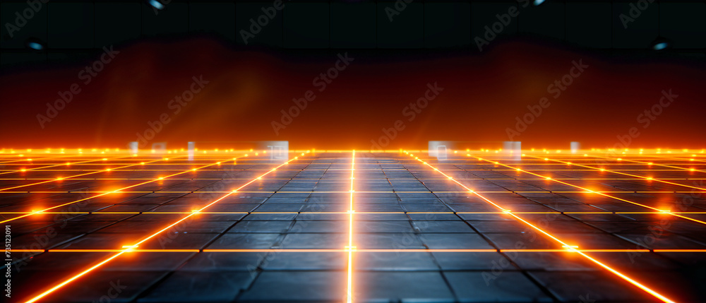 Poster futuristic neon tunnel with glowing blue lights, abstract modern architecture in dark space, empty c