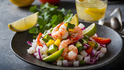 Zesty shrimp ceviche with citrusy flavors and colorful garnishes.
