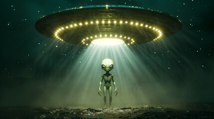 An extraterrestrial creature positioned beneath the glow of a flying saucer in a cartoon setting.